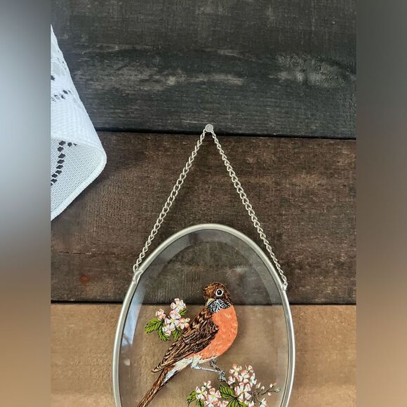 Vintage Bird Lyford Robin Sun Catcher Beveled Glass Window Hanging Floral Design - Picture 2 of 8